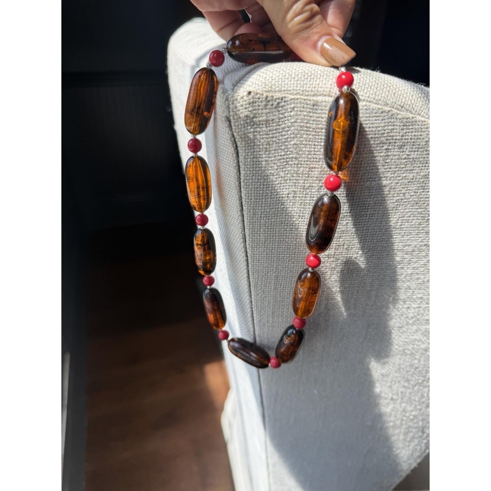 Vintage Brown Glass Bead Necklace Red Beads Chunky Boho Fall Autumn Jewelry